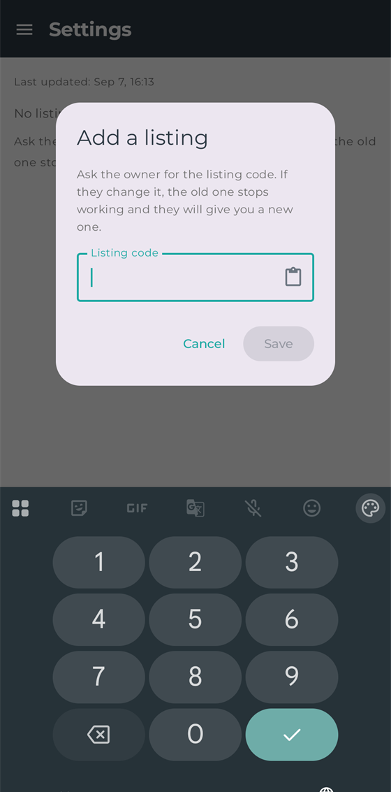La app pidiendo un código de anuncio, con teclado numérico y nada más