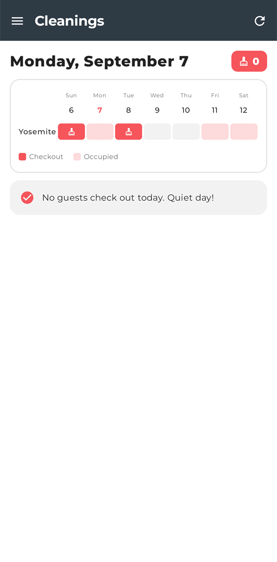La app mostrando el lunes 7 de septiembre, la semana alrededor y un mensaje que dice que hoy no sale ningún huésped